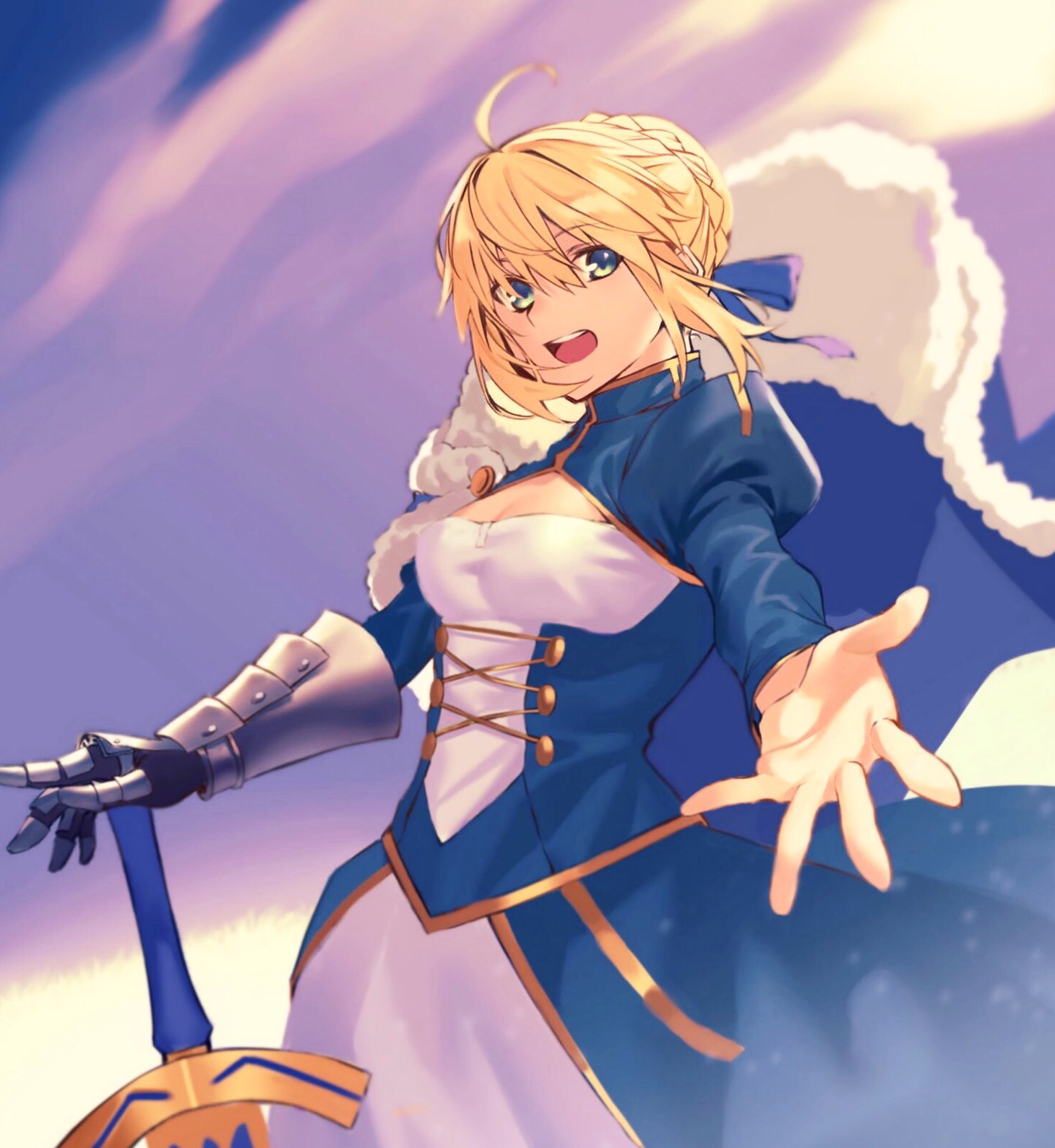 1girl, ahoge, armor, artoria_pendragon_(all), blonde_hair, blue_dress, blue_sky, braid