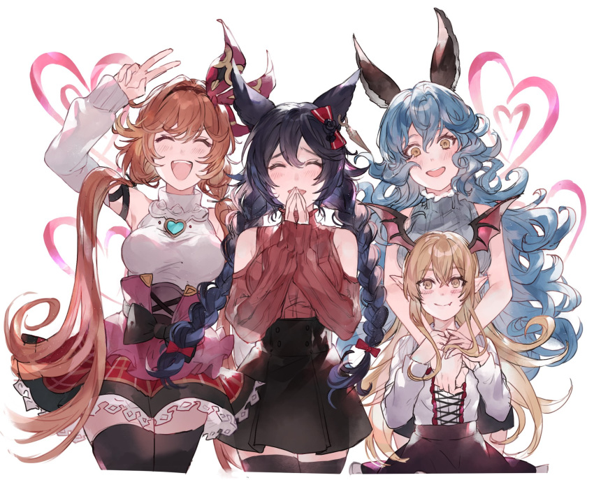 4girls, bangs, bare_shoulders, bat_wings, black_bow, black_hair, black_legwear, black_skirt