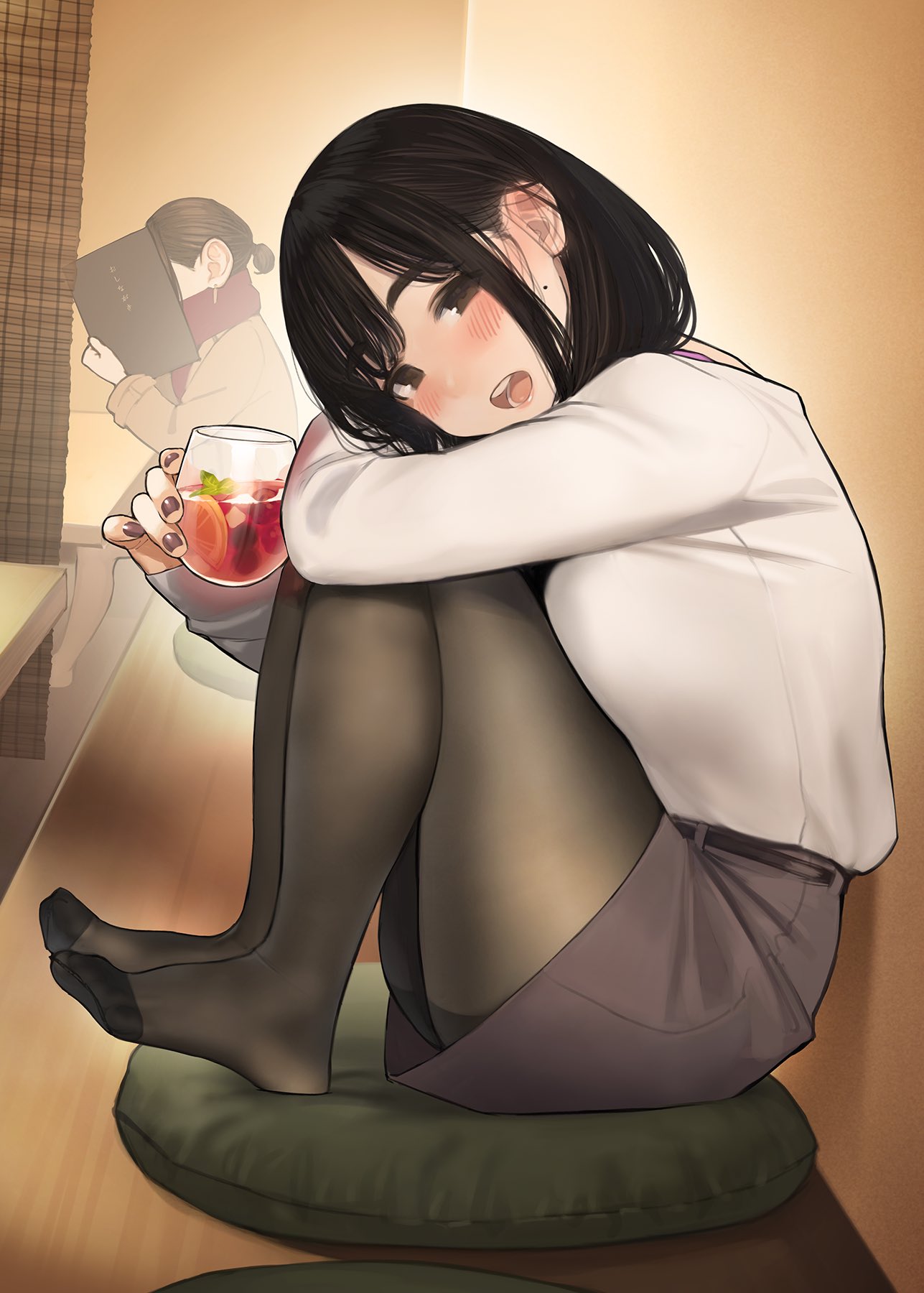 2girls, :d, blush, brown_eyes, brown_hair, brown_legwear, brown_nails, commentary, cup, dress_shirt, earrings, feet, half-closed_eyes, highres, holding, holding_cup, holding_menu, indoors, jewelry, long_sleeves, looking_at_viewer, mole, mole_under_eye, multiple_girls, office_lady_(yomu_(sgt_epper)), open_mouth, original, pantyhose, purple_skirt, shirt, sidelocks, sitting, skirt, smile, tareme, tied_hair, white_shirt, yomu_(sgt_epper)
