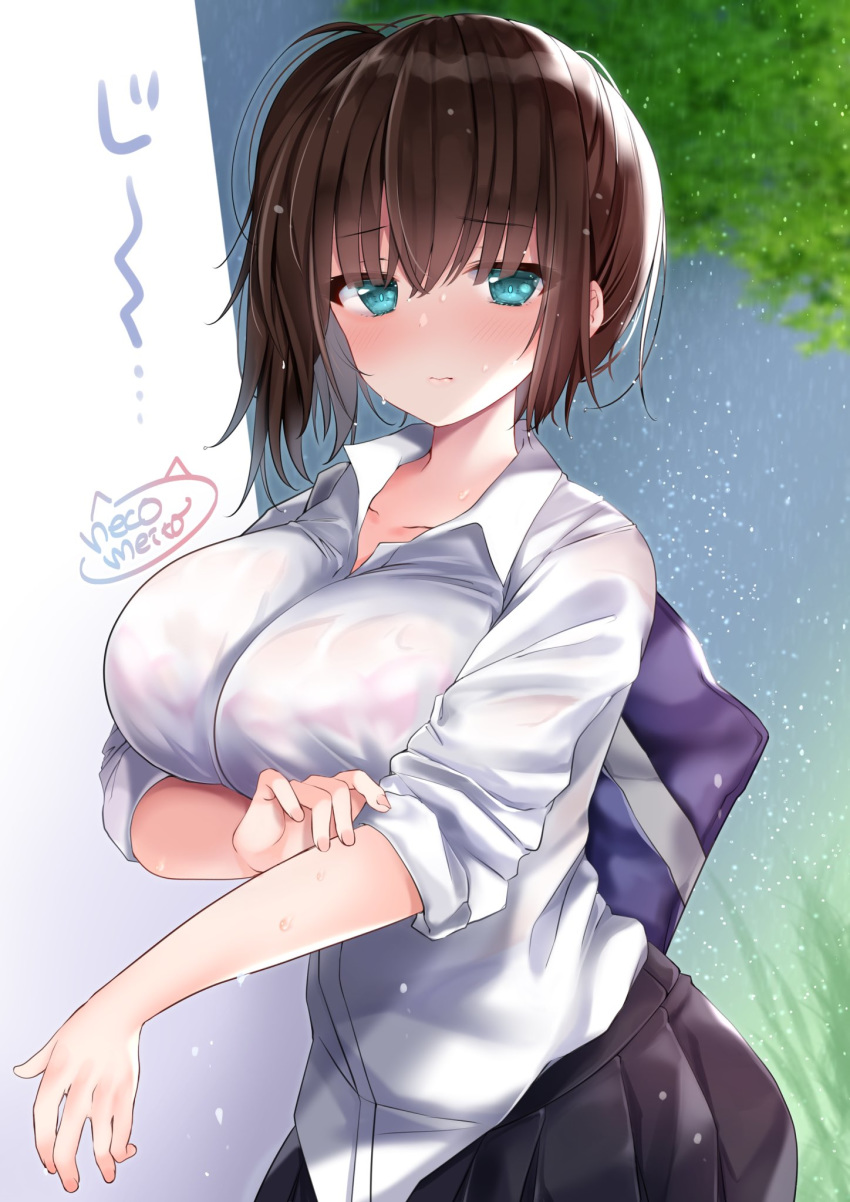1girl, aqua_eyes, bag, bangs, black_skirt, bra, bra_through_clothes, breasts