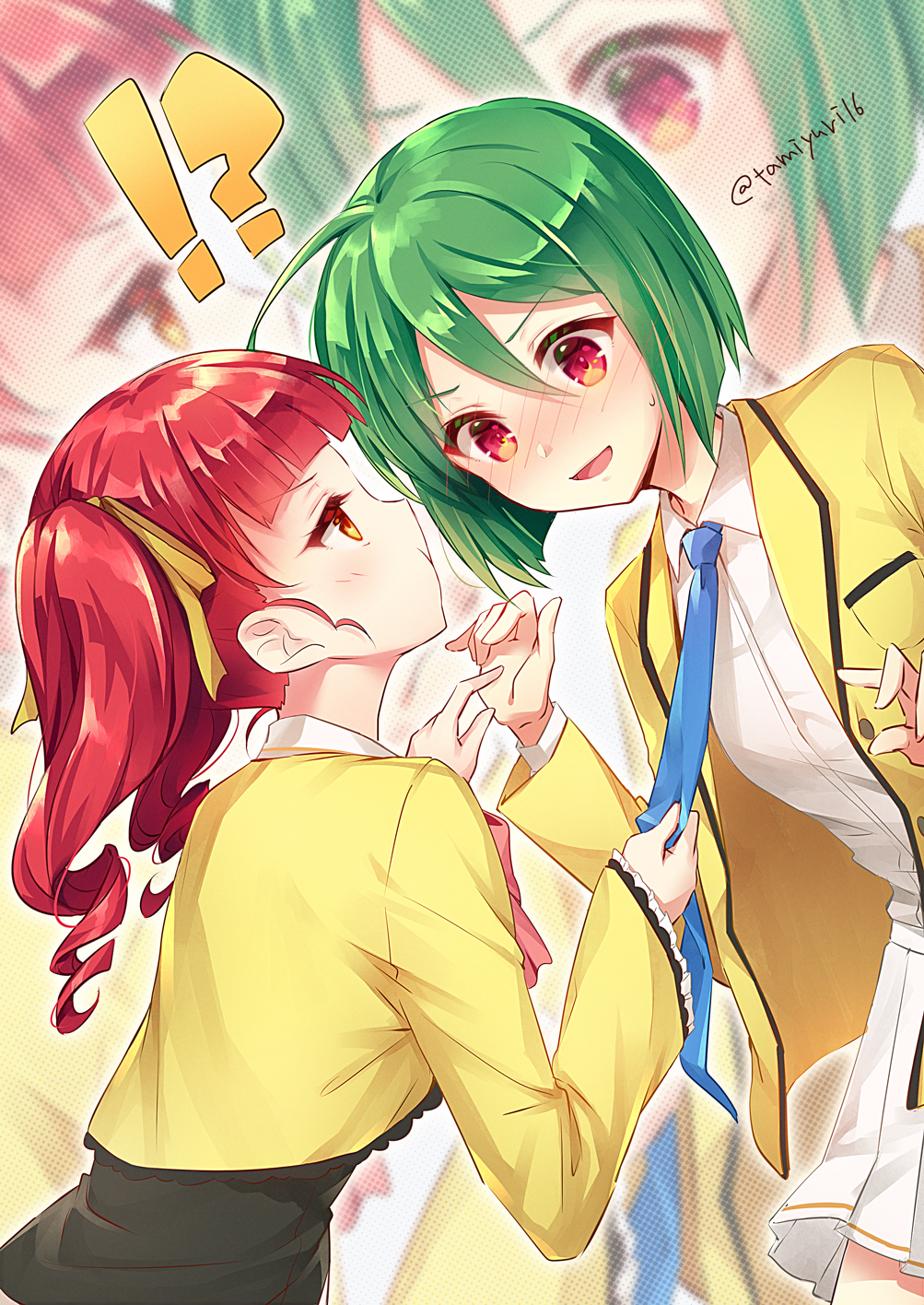 !?, 2girls, ahoge, akagi_anna, arms_up, bangs, blazer, blue_neckwear
