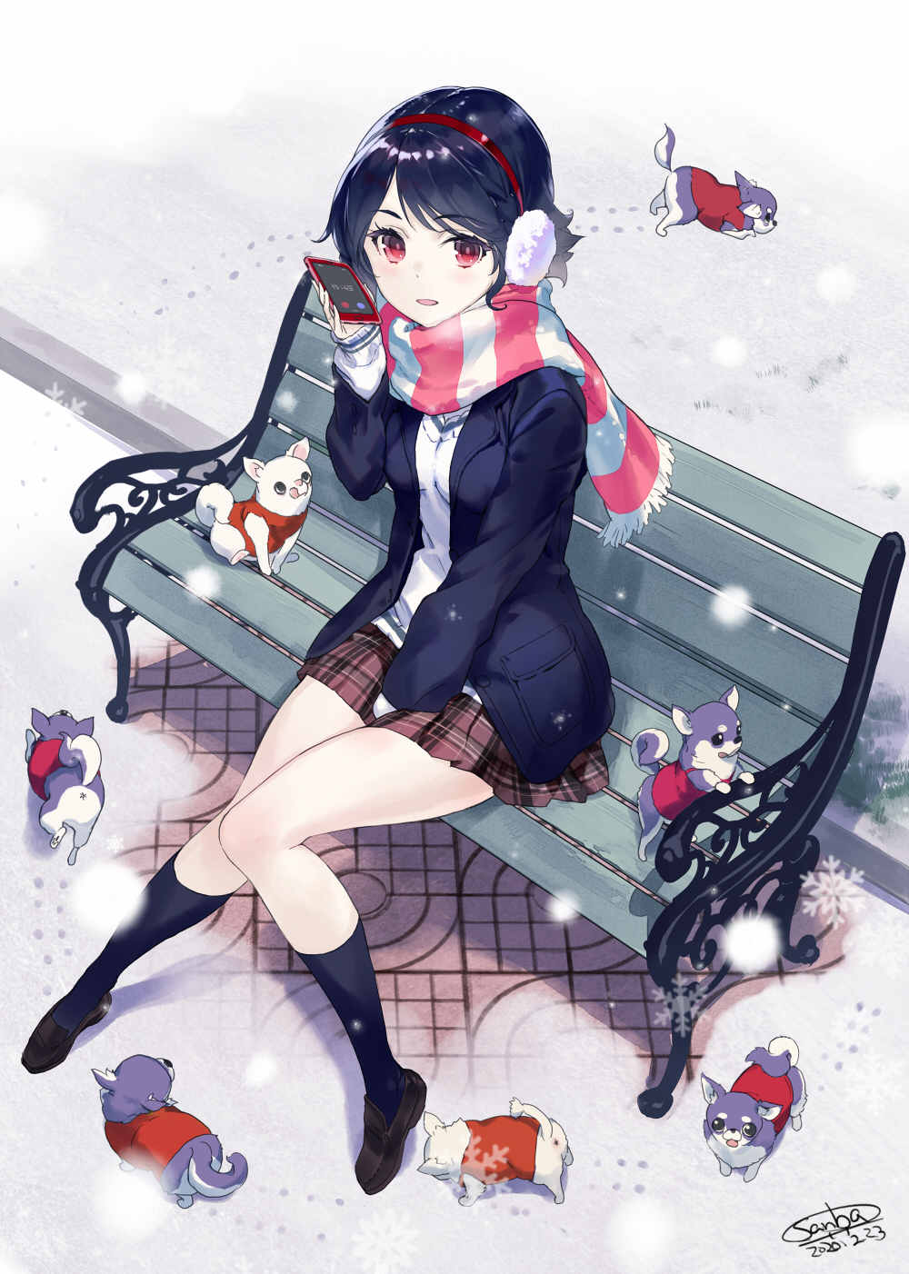 1girl, animal, bangs, bench, between_legs, black_hair, black_jacket, black_legwear