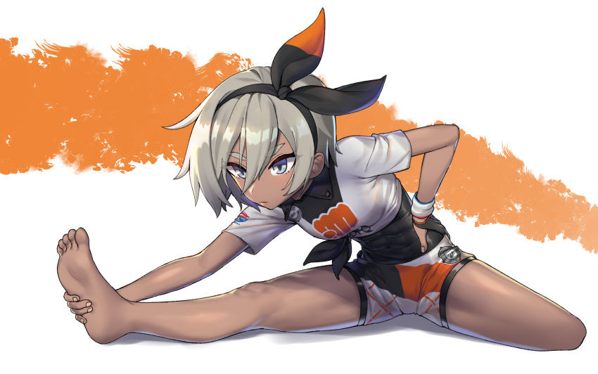 1girl, abs, barefoot, black_bodysuit, black_hairband, bodysuit, bodysuit_under_clothes, covered_navel, dark_skin, gloves, grey_hair, gym_leader, hairband, highres, kam-ja, knee_pads, orange_gloves, poke_ball, pokemon, pokemon_(game), pokemon_swsh, print_shorts, saitou_(pokemon), shorts, single_glove, soles, two-tone_gloves, ultra_ball