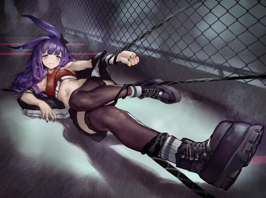 1girl, absurdres, animal_ears, arknights, aspirine4832, black_hair, black_legwear, dress, graphite_(medium), highres, horns, long_hair, open_clothes, pantyhose, restrained, rope_(arknights), traditional_media