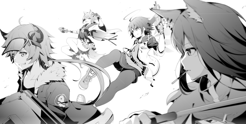 4girls, absurdres, animal_ears, arknights, bull_horns, croissant_(arknights), energy_wings, exusiai_(arknights)