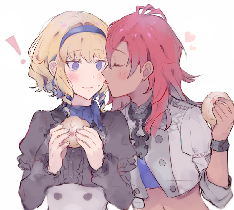 2girls, blonde_hair, blue_eyes, blue_hairband, blush, closed_eyes, closed_mouth, constance_von_nuvelle