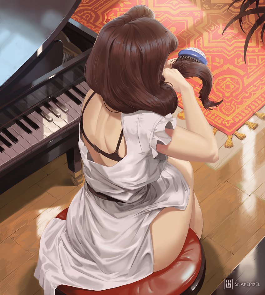 1girl, back, bare_legs, black_bra, bra, bra_strap, brown_hair, carpet