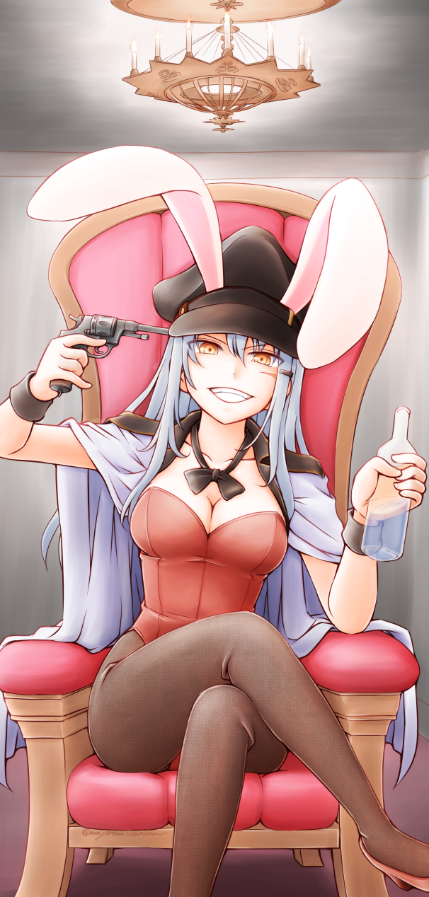 1girl, animal_ears, armchair, bare_shoulders, blush, breasts, bunny_girl, bunnysuit