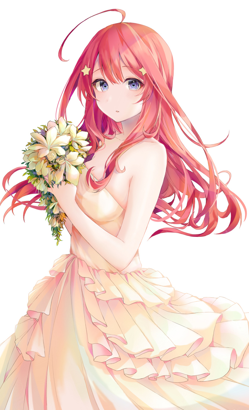 1girl, absurdres, ahoge, bangs, bare_shoulders, beige_dress, blue_eyes, blush, breasts, collarbone, commentary_request, cowboy_shot, dress, eyebrows_visible_through_hair, flower, frilled_dress, frills, go-toubun_no_hanayome, hair_between_eyes, hair_ornament, highres, holding, holding_flower, large_breasts, long_hair, looking_at_viewer, nakano_itsuki, parted_lips, ramunezake, redhead, sidelocks, simple_background, solo, star, star_hair_ornament, strapless, strapless_dress, wedding_dress, white_background