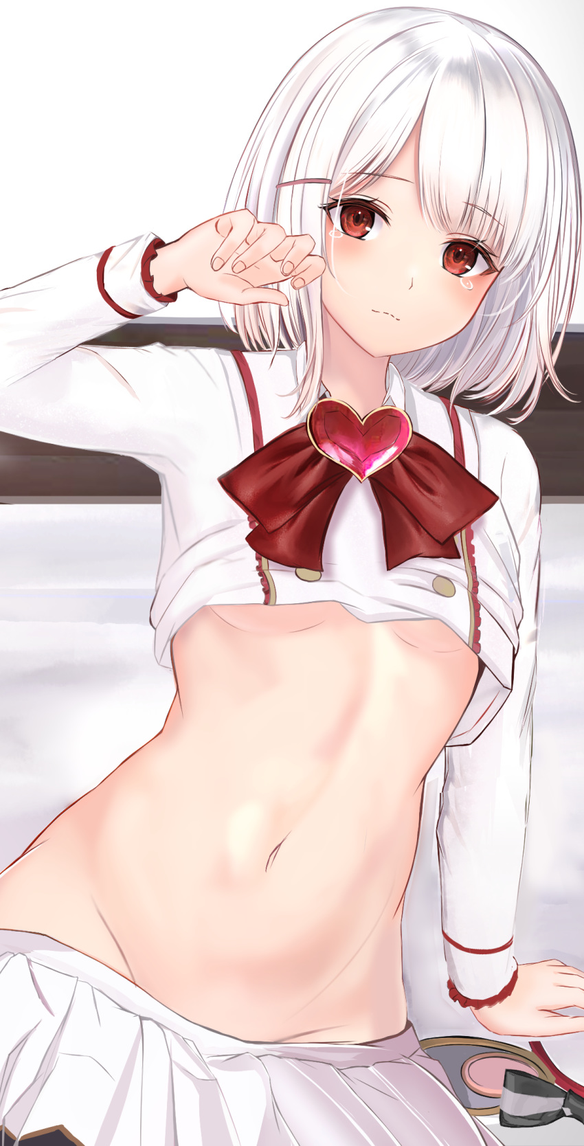 1girl, arm_up, bow, bowtie, breasts, brooch, closed_mouth, collared_shirt