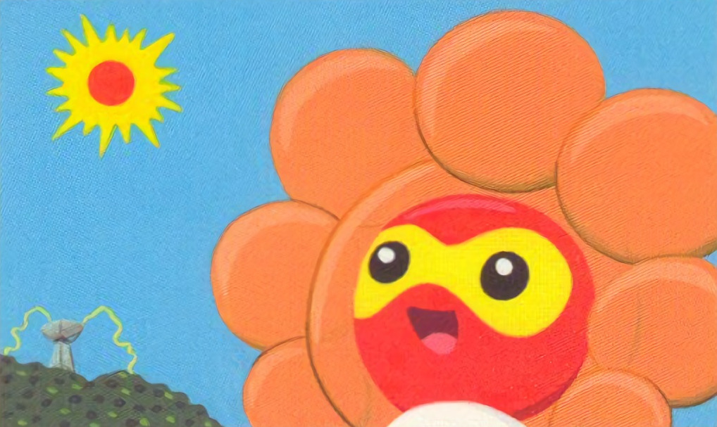 :d, black_eyes, blue_sky, castform, castform_(sunny), creature, day, full_body, gen_3_pokemon, happy, no_humans, official_art, open_mouth, outdoors, pokemon_(creature), pokemon_trading_card_game, sky, smile, solo, tanaka_miki