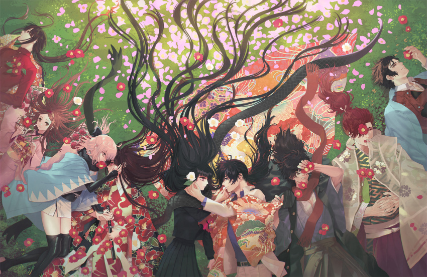 4girls, 5boys, armor, black_hair, black_ribbon, black_skirt, brown_hair, camellia