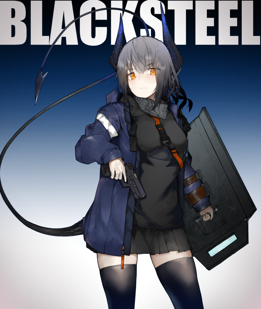 1girl, arknights, bangs, blackletter, breasts, ekuesu, grey_hair, gun