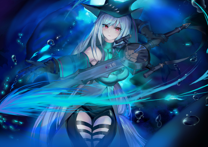 1girl, air_bubble, arknights, armpits, bare_shoulders, black_gloves, black_headwear, blue_theme