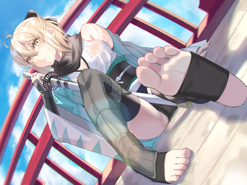 1girl, ahoge, armor, bangs, black_panties, black_ribbon, black_scarf, blonde_hair