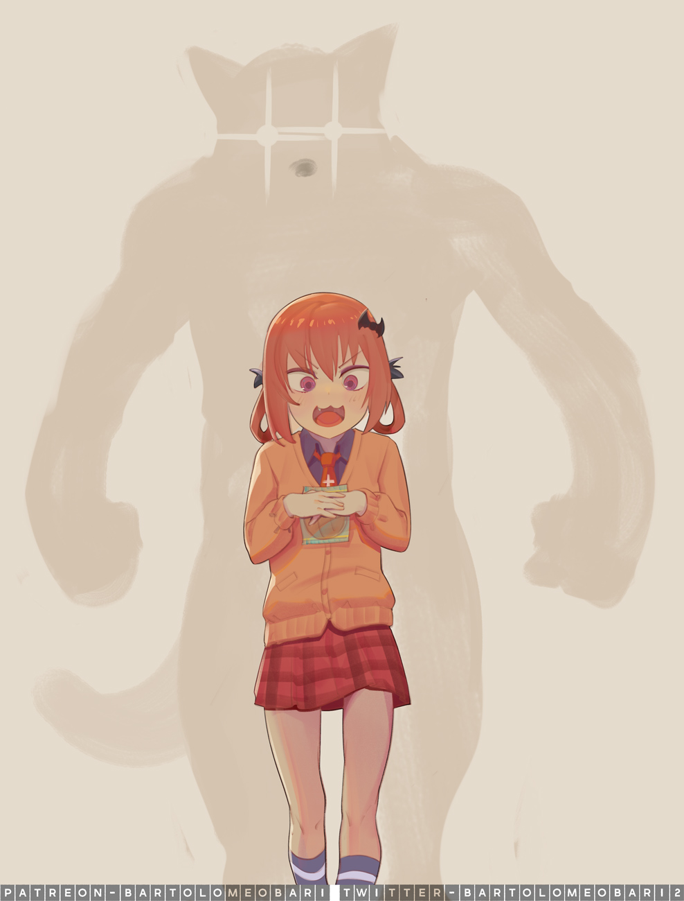 1girl, anpan, bartolomeobari, bat_hair_ornament, blush, cardigan, character_request, chestnut_mouth, commentary, english_commentary, fang, food, gabriel_dropout, hair_ornament, hair_rings, height_difference, highres, kurumizawa_satanichia_mcdowell, necktie, orange_hair, pink_eyes, plaid, plaid_skirt, red_neckwear, school_uniform, shadow, short_hair, skirt, walking, werewolf, you_gonna_get_raped