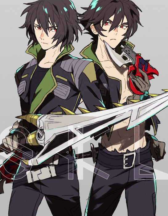 2boys, ahoge, bare_shoulders, belt, black_hair, ebira, gloves, gun