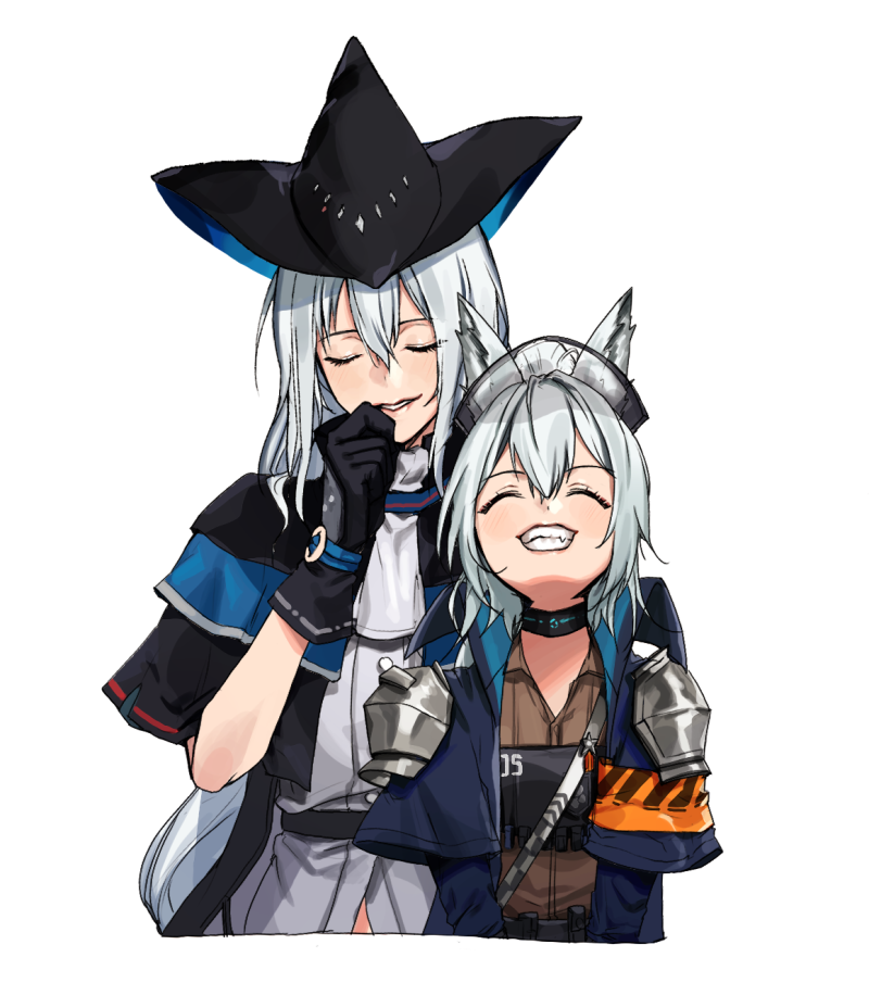 2girls, animal_ears, arknights, closed_eyes, grani_(arknights), hat, mouu_(dsfe8574), multiple_girls, simple_background, skadi_(arknights), smile, white_hair, wolf_ears