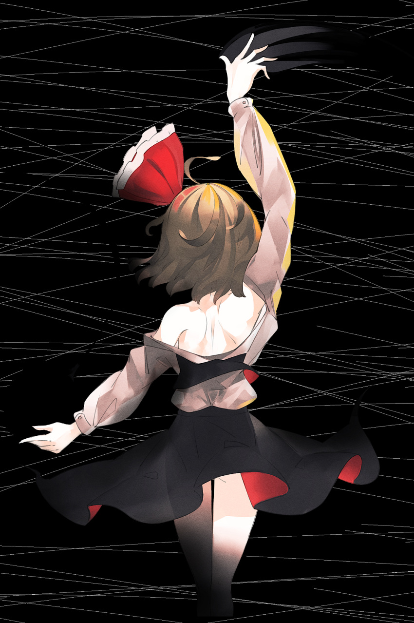 1girl, arm_at_side, arm_up, ass, black_background, black_skirt, blonde_hair, buttons
