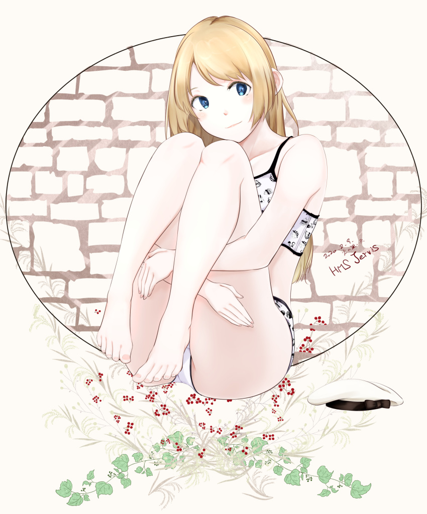 1girl, absurdres, artist_name, bare_shoulders, barefoot, blonde_hair, blue_eyes, bra