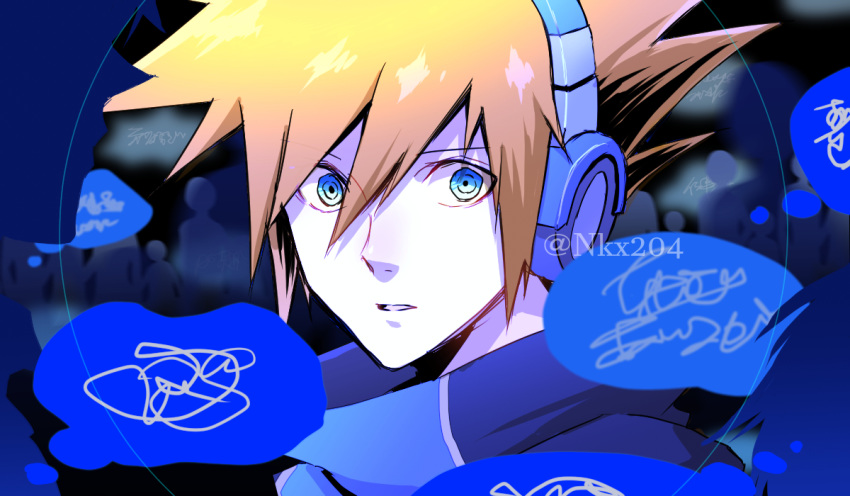 1boy, blue_eyes, confused, eme_(204), headphones, orange_hair, parted_lips, sakuraba_neku