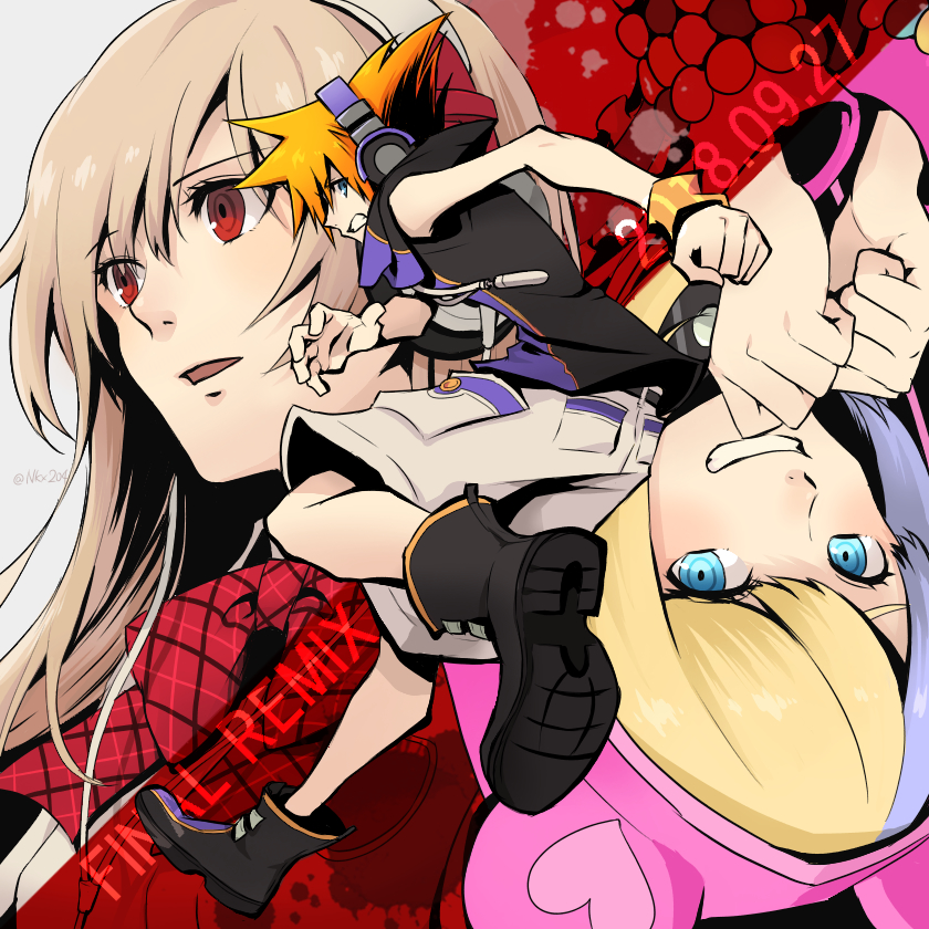 1boy, 2girls, animal_hood, blonde_hair, blue_eyes, coco_atarashi, eme_(204), grey_hair, hair_dye, headphones, hood, hoodie, hype-chan, long_hair, looking_at_viewer, looking_away, multiple_girls, open_mouth, orange_hair, parted_lips, red_eyes, ribbon, sakuraba_neku, shirt, short_hair, shorts, silver_hair, smile, spiky_hair, subarashiki_kono_sekai