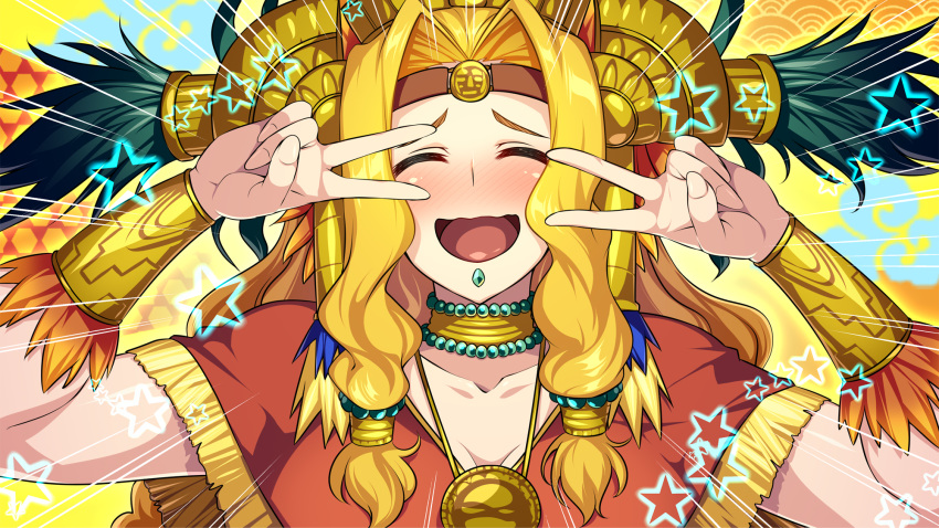 1girl, 846-gou, bangs, blonde_hair, blush, bracer, breasts, chin_piercing, collar, collarbone, double_v, emotional_engine_-_full_drive, fate/grand_order, fate_(series), feathers, hands_up, headband, headdress, highres, jewelry, large_breasts, long_hair, metal_collar, necklace, open_mouth, parody, parted_bangs, pendant, poncho, quetzalcoatl_(fate/grand_order), sidelocks, smile, solo, star, striped, striped_background, v, yellow_background