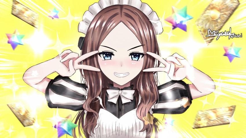 1girl, bangs, black_dress, blue_eyes, blush, breasts, brown_hair, double_v