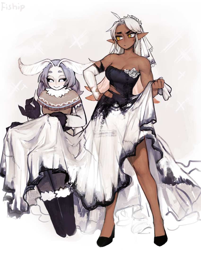 2girls, :>, absurdres, ahoge, antennae, artist_name, bare_shoulders, black_sclera, boots, breasts, bridal_veil, capelet, collarbone, commentary, dark_elf, dark_skin, dress, elbow_gloves, elf, english_commentary, frown, fur-trimmed_boots, fur_collar, fur_trim, gloves, gradient_hair, hand_on_hip, highres, insect_girl, legs_apart, matilda_fiship, medium_breasts, monster_girl, moth_girl, mother_lumi, multicolored_hair, multiple_girls, muscle, muscular_female, needle, no_pupils, olivia_(fiship), original, paws, pointy_ears, sewing, simple_background, sitting, sparkle, torn_clothes, torn_dress, torn_gloves, veil, white_eyes, white_hair, yellow_eyes