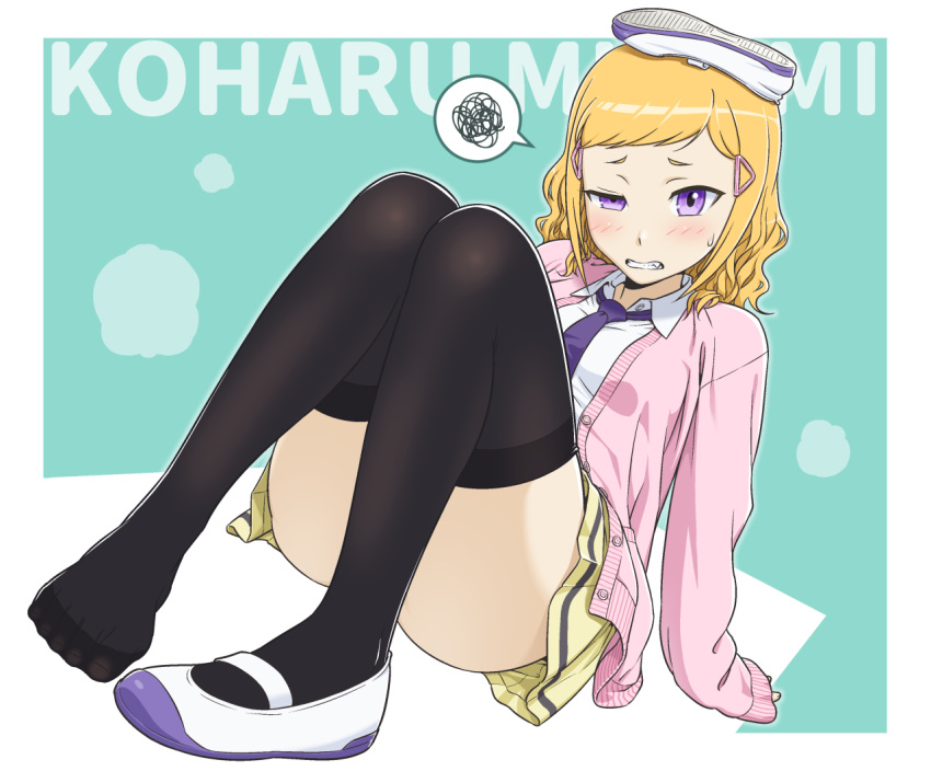 1girl, aqua_background, arm_support, blonde_hair, cardigan, clenched_teeth, collared_shirt, convenient_leg
