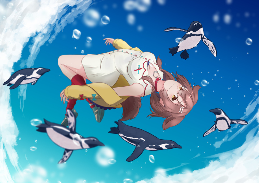 1girl, ahoge, animal_ears, bangs, bird, bone_hair_ornament, braid, brown_eyes