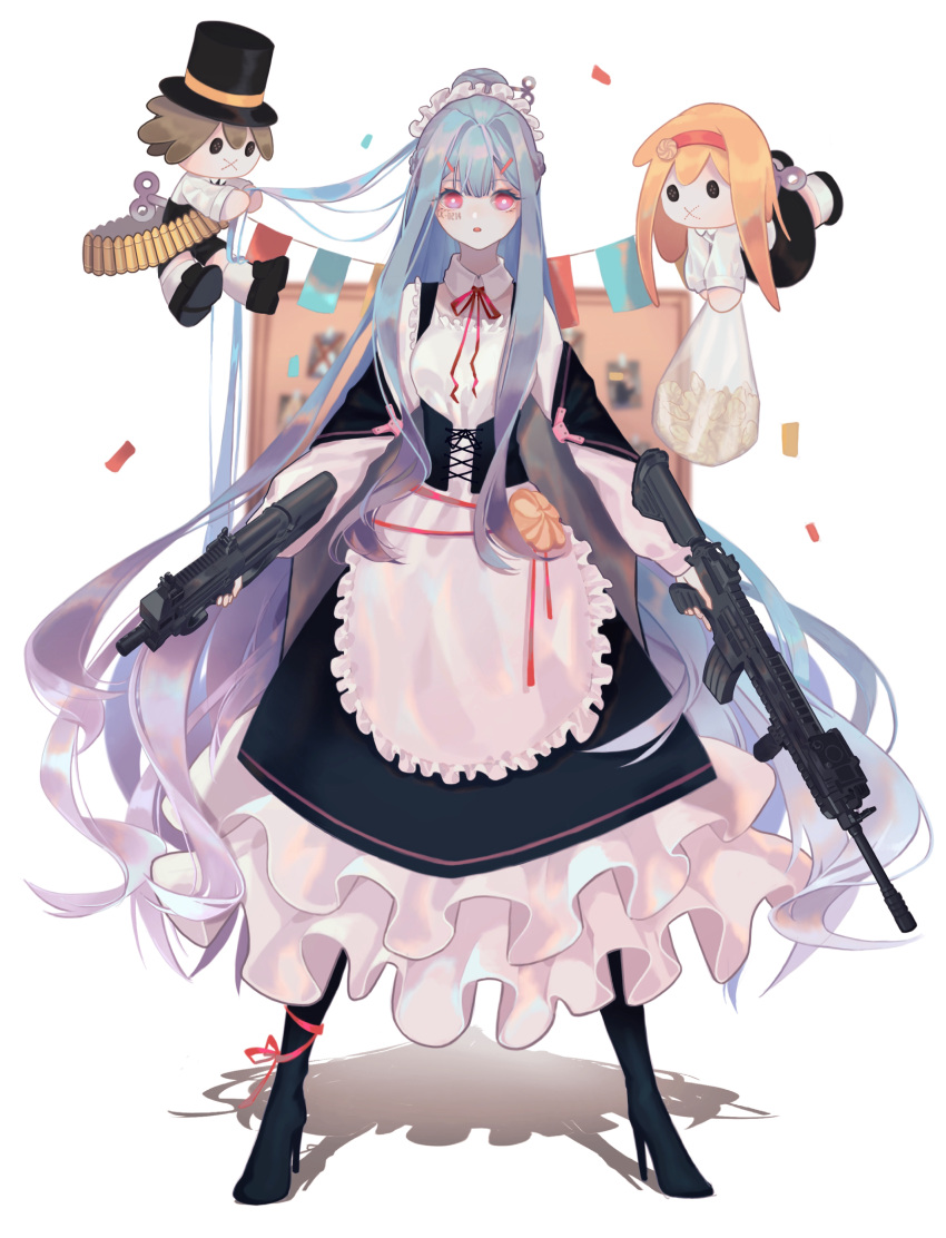 1girl, :o, absurdly_long_hair, absurdres, ammunition_belt, apron, bag, black_footwear