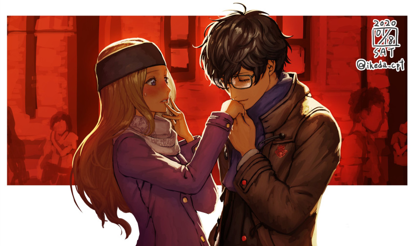 1boy, 1girl, amamiya_ren, black_hair, black_jacket, blonde_hair, closed_eyes, commentary_request