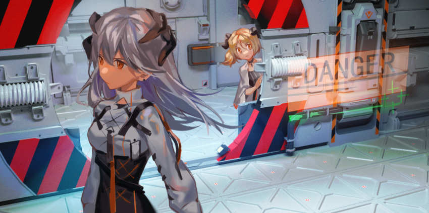 2girls, arknights, blonde_hair, commentary_request, dragon_horns, hologram, horns, ifrit_(arknights)
