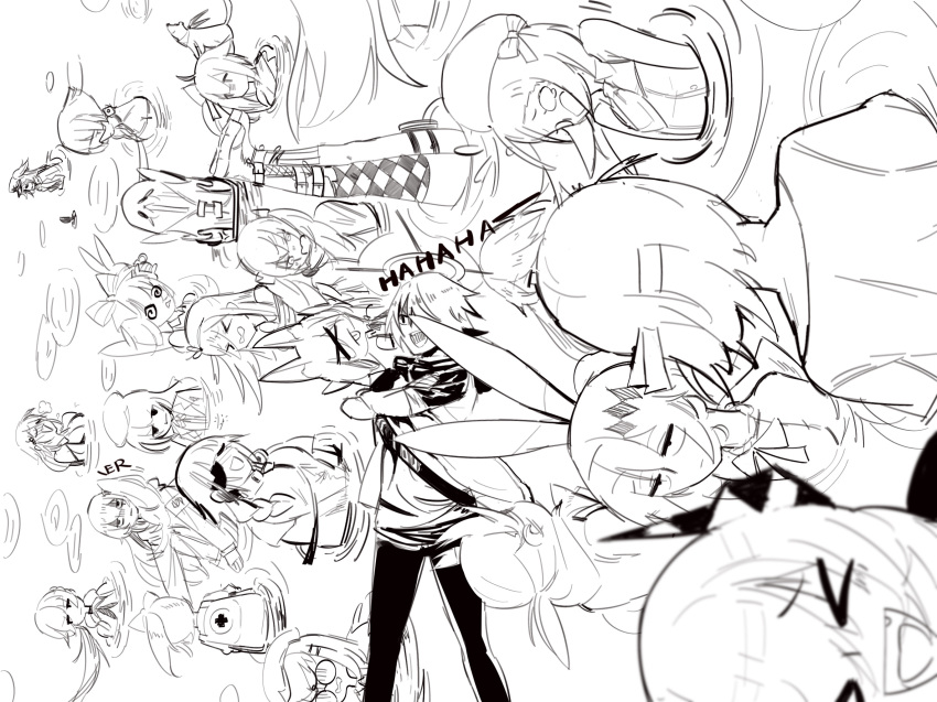6+girls, arknights, beret, character_request, closed_eyes, crossed_arms, crying, dizzy_(feeling)