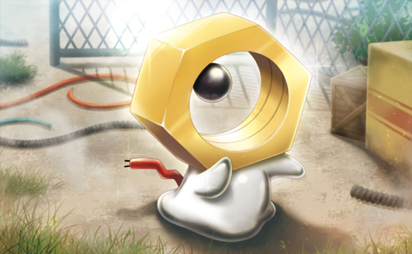 box, crate, creature, day, full_body, gen_7_pokemon, grass, meltan, no_humans, official_art, pokemon, pokemon_(creature), pokemon_trading_card_game, saitou_kouki, solo, standing, sunlight