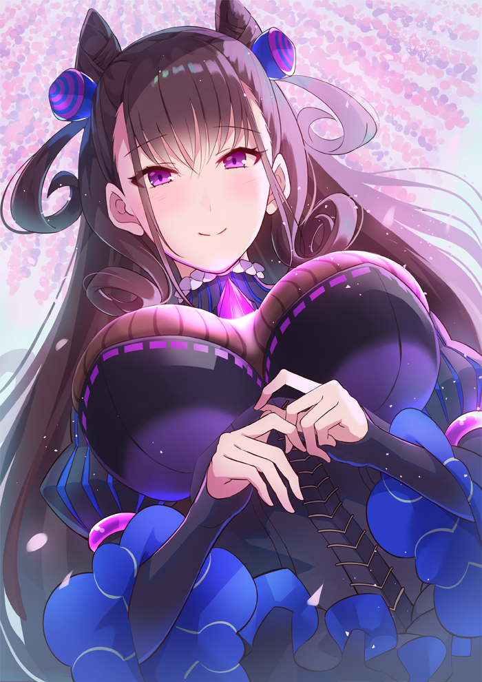 1girl, amethyst_(gemstone), bangs, black_dress, blush, breasts, brown_hair, closed_mouth