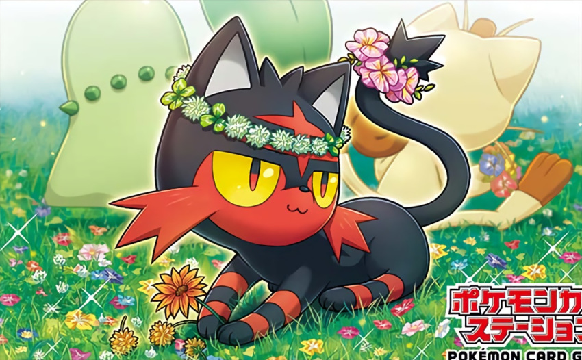 :3, cat, cat_focus, chikorita, closed_mouth, copyright_name, creature, flower