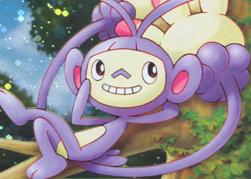 ambipom, black_eyes, creature, crossed_legs, full_body, gen_4_pokemon, grin, happy, lying, monkey, no_humans, official_art, on_back, pokemon, pokemon_(creature), pokemon_trading_card_game, saitou_kouki, smile, tree