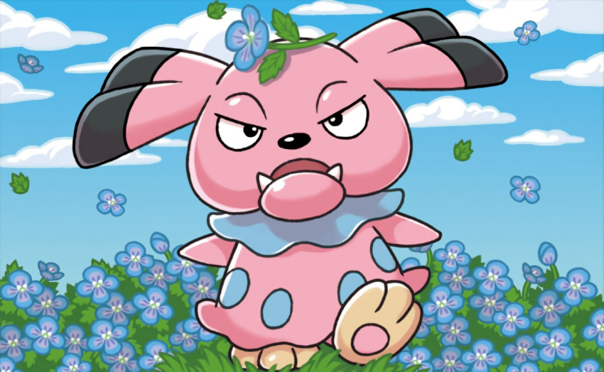 black_eyes, blue_sky, clouds, cloudy_sky, creature, day, dog_focus, fangs, flower, full_body, gen_2_pokemon, komayama_akira, leaf, looking_at_viewer, no_humans, on_head, outdoors, pokemon, pokemon_(creature), pokemon_trading_card_game, sky, snubbull, solo, standing, wind
