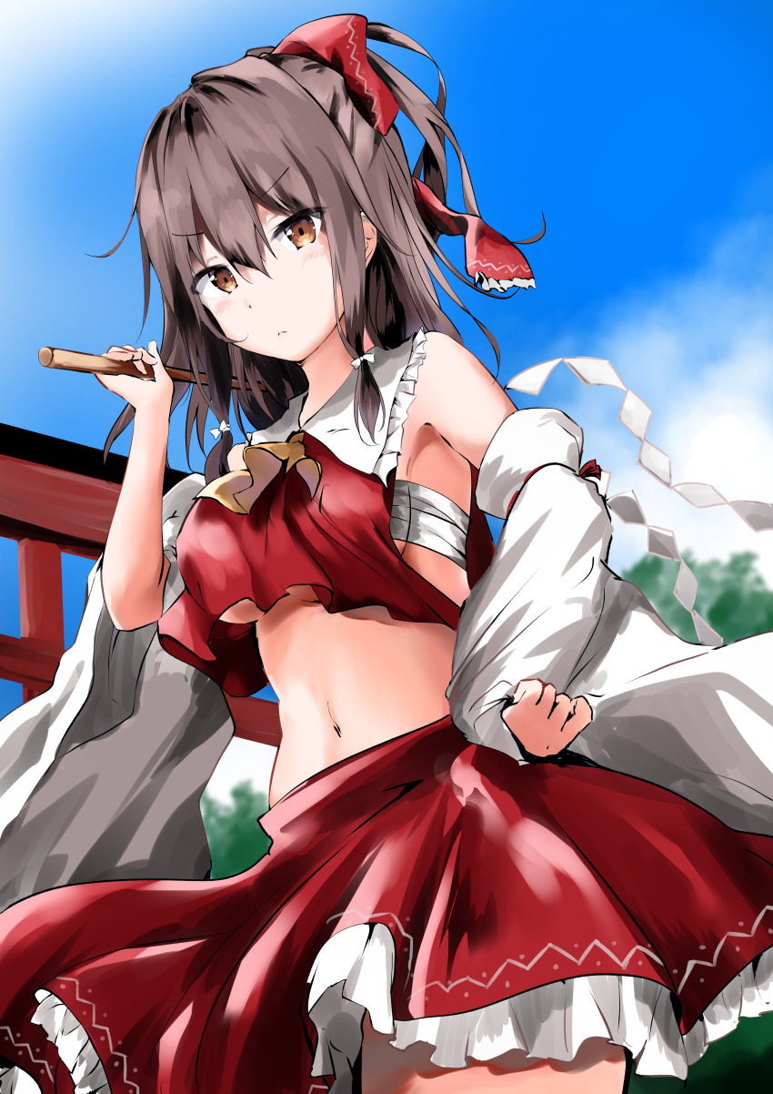 1girl, absurdres, armpits, ascot, bare_shoulders, bow, breasts, brown_eyes