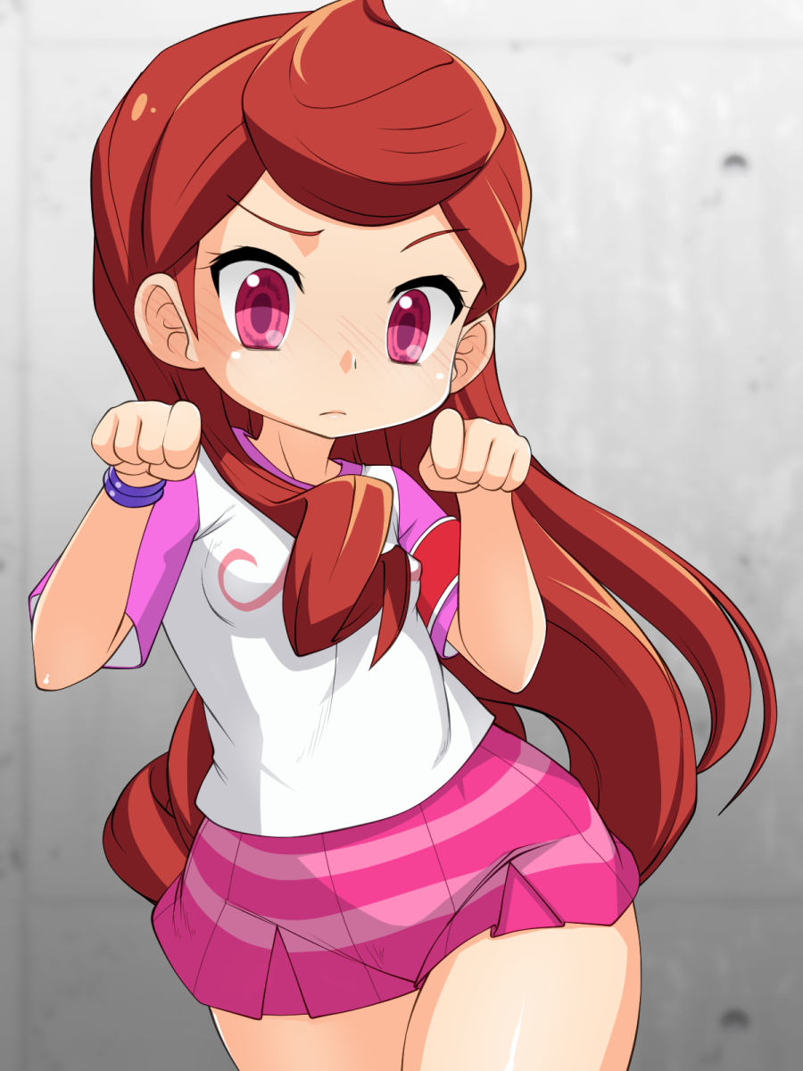 1girl, armband, blush, brown_hair, child, cowboy_shot, day, frown