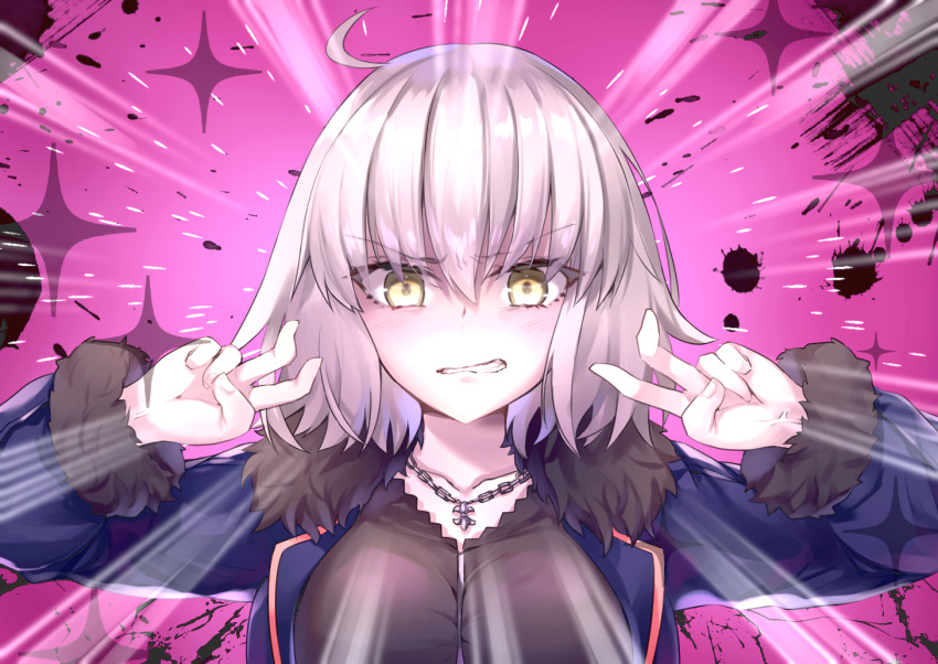1girl, ahoge, bangs, black_dress, blush, breasts, clenched_teeth, coat, double_v, dress, emotional_engine_-_full_drive, emphasis_lines, fate/grand_order, fate_(series), fur-trimmed_coat, fur_trim, grimace, hands_up, hane_yuki, jeanne_d'arc_(alter)_(fate), jeanne_d'arc_(fate)_(all), large_breasts, long_sleeves, looking_at_viewer, open_clothes, open_coat, parody, pink_background, short_hair, silver_hair, solo, sparkle, teeth, v, wicked_dragon_witch_ver._shinjuku_1999, yellow_eyes