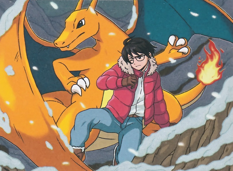 1boy, black_eyes, black_hair, charizard, charmander_trainer_(pokekyun), closed_mouth, creature, denim