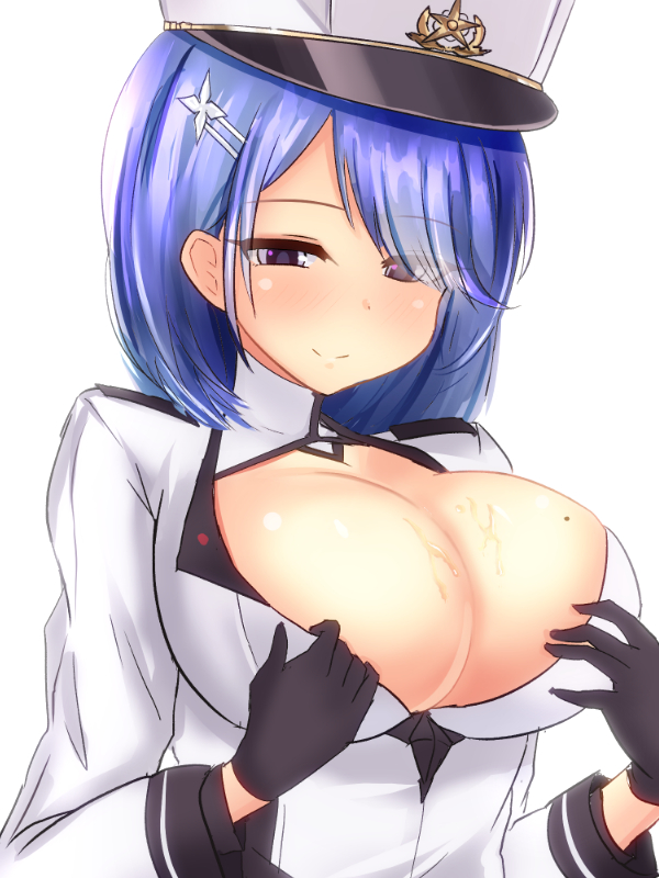 1girl, aaabbbccccc, azur_lane, black_gloves, blue_hair, blush, breasts, chapayev_(azur_lane), eyebrows_visible_through_hair, gloves, hair_ornament, hairclip, hat, jacket, large_breasts, looking_at_viewer, military_hat, mole, mole_on_breast, peaked_cap, short_hair, simple_background, white_background, white_headwear, white_jacket