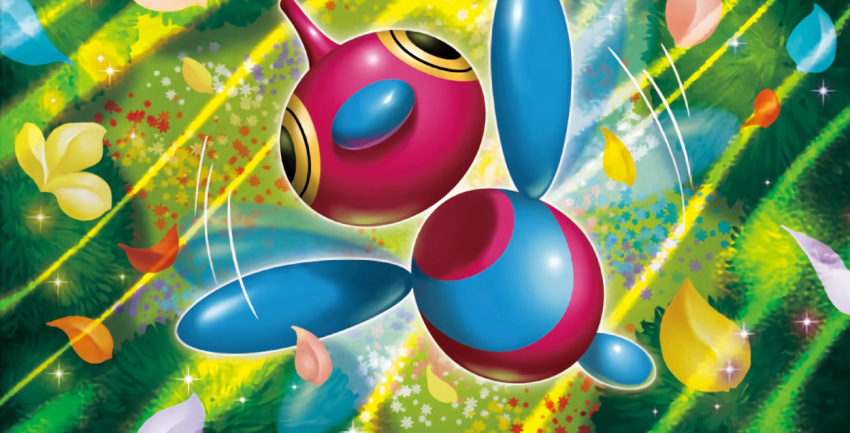 abstract_background, bird, bird_focus, creature, floating, full_body, gen_4_pokemon, horn, looking_at_viewer, no_humans, official_art, petals, pokemon, pokemon_(creature), pokemon_trading_card_game, porygon-z, solo, tsutsui_misa