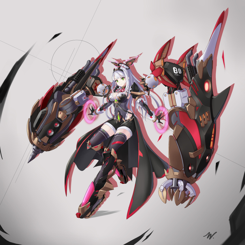 1girl, absurdres, black_background, boots, breasts, caterpillar_tracks, commentary_request, exhaust_pipe, extra_arms, eyebrows_visible_through_hair, frills, full_body, gloves, glycyrrhizae~, green_eyes, grey_background, hairband, high_ponytail, highres, knee_boots, large_breasts, long_hair, looking_at_viewer, mecha_musume, mechanical_arm, original, pile_bunker, puffy_sleeves, robot_joints, serious, shorts, solo, thigh-highs, two-tone_background, waist_cape, white_hair