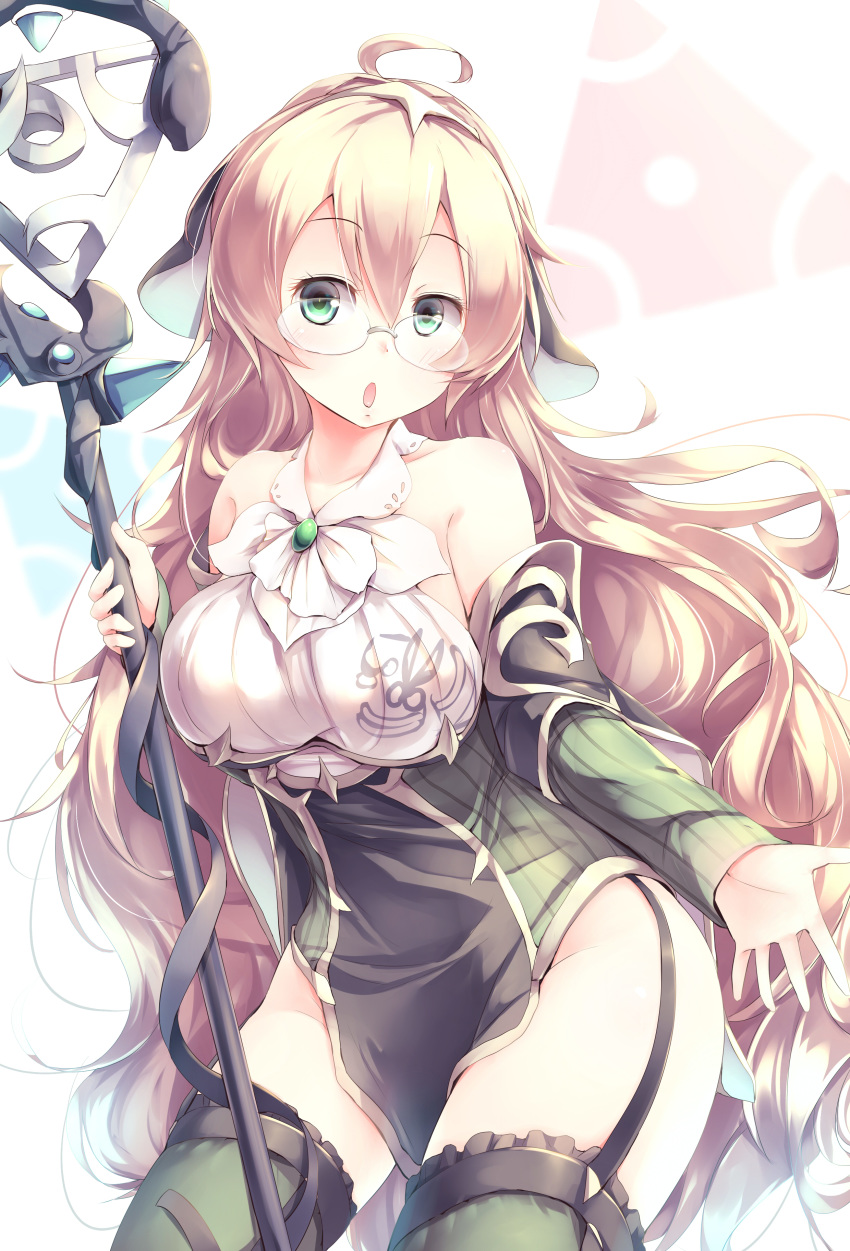1girl, absurdres, ahoge, blonde_hair, breasts, collarbone, commentary_request, detached_sleeves, duel_monster, eyebrows_visible_through_hair, garter_straps, glasses, green_eyes, green_legwear, highres, holding, holding_staff, kanzakietc, large_breasts, long_hair, long_sleeves, looking_at_viewer, parted_lips, rimless_eyewear, solo, staff, thigh-highs, very_long_hair, wavy_hair, witchcrafter_genni, yuu-gi-ou