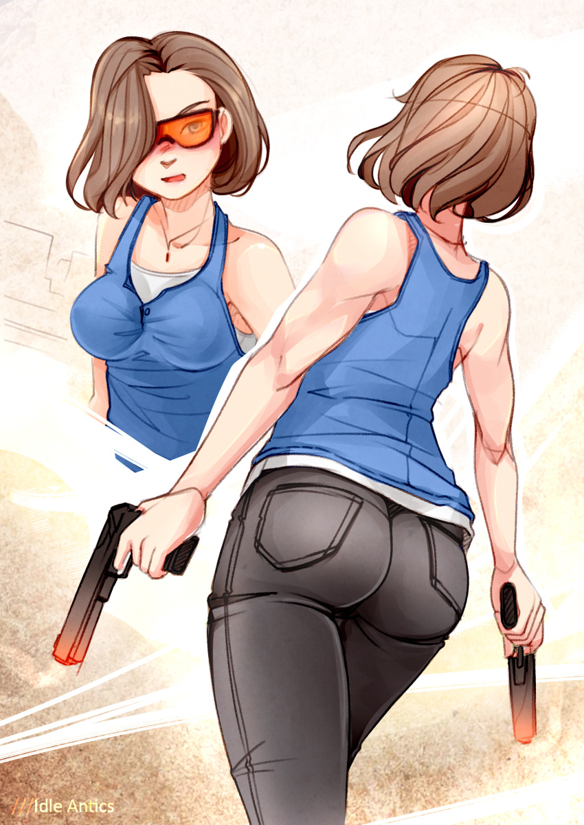 1girl, absurdres, ass, black-framed_eyewear, black_pants, breasts, casual, collage
