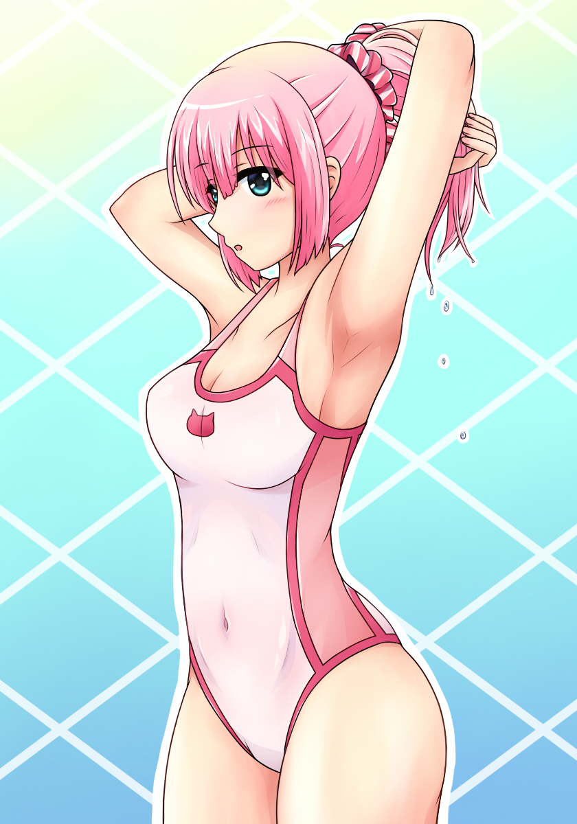 :o, blush, breasts, chiyoda_momo, competition_swimsuit, eyebrows_visible_through_hair, gastdream_(artist), hair_ornament